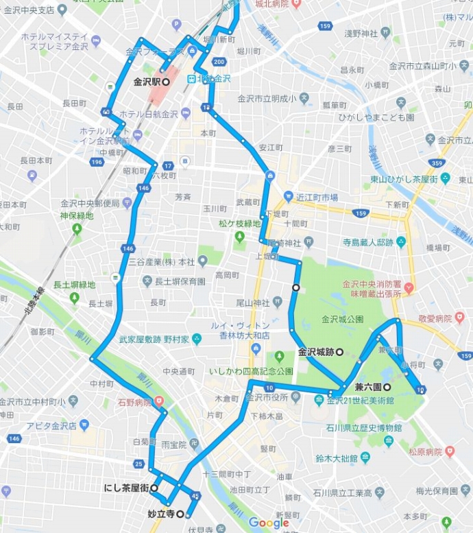 金沢駅付近のルート